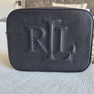 Ralph Lauren Black Embossed RL Leather Crossbody Bag